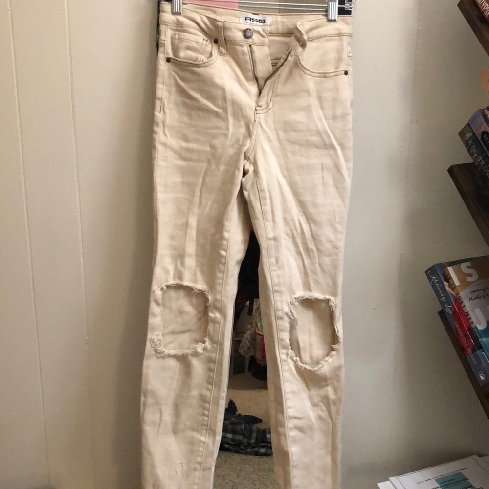 RSQ- Cream/Tan- High Rise Straight Leg Jeans- Holes in the knees- (24)